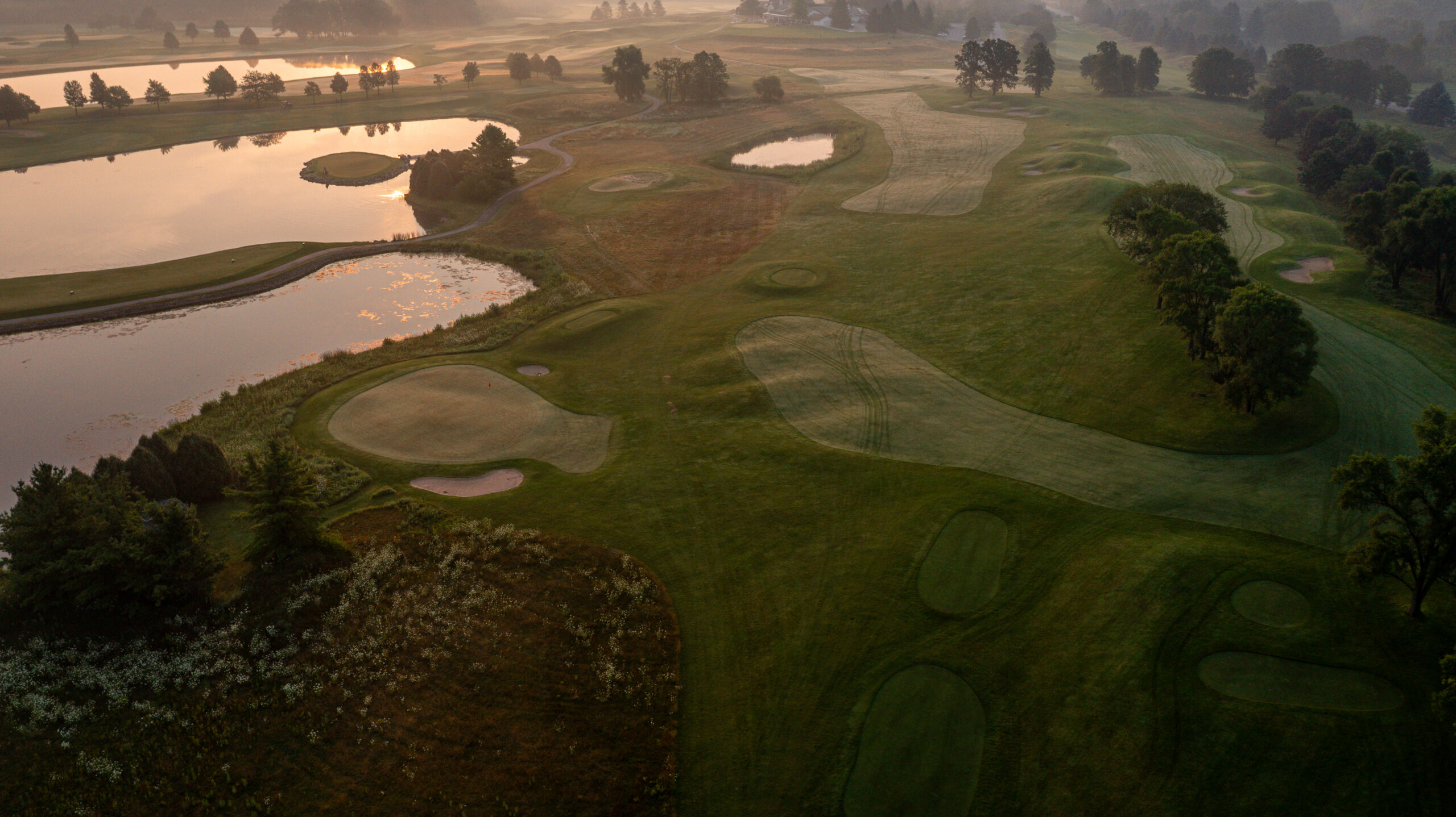 Drone photography of Hidden Glen Golf Club in Cedarburg, Wisconsin at sunrise on August 6, 2025